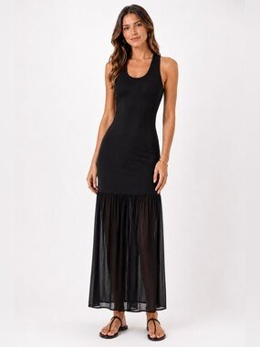 WAYF Eva Drop Waist Maxi Dress Sheer Panel Skirt Sleeveless Black XS NEW